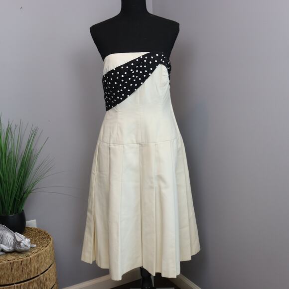 Vintage Morton Myles Neiman Marcus Strapless Dress 80s Ivory Polka Dot Size S - Picture 1 of 6
